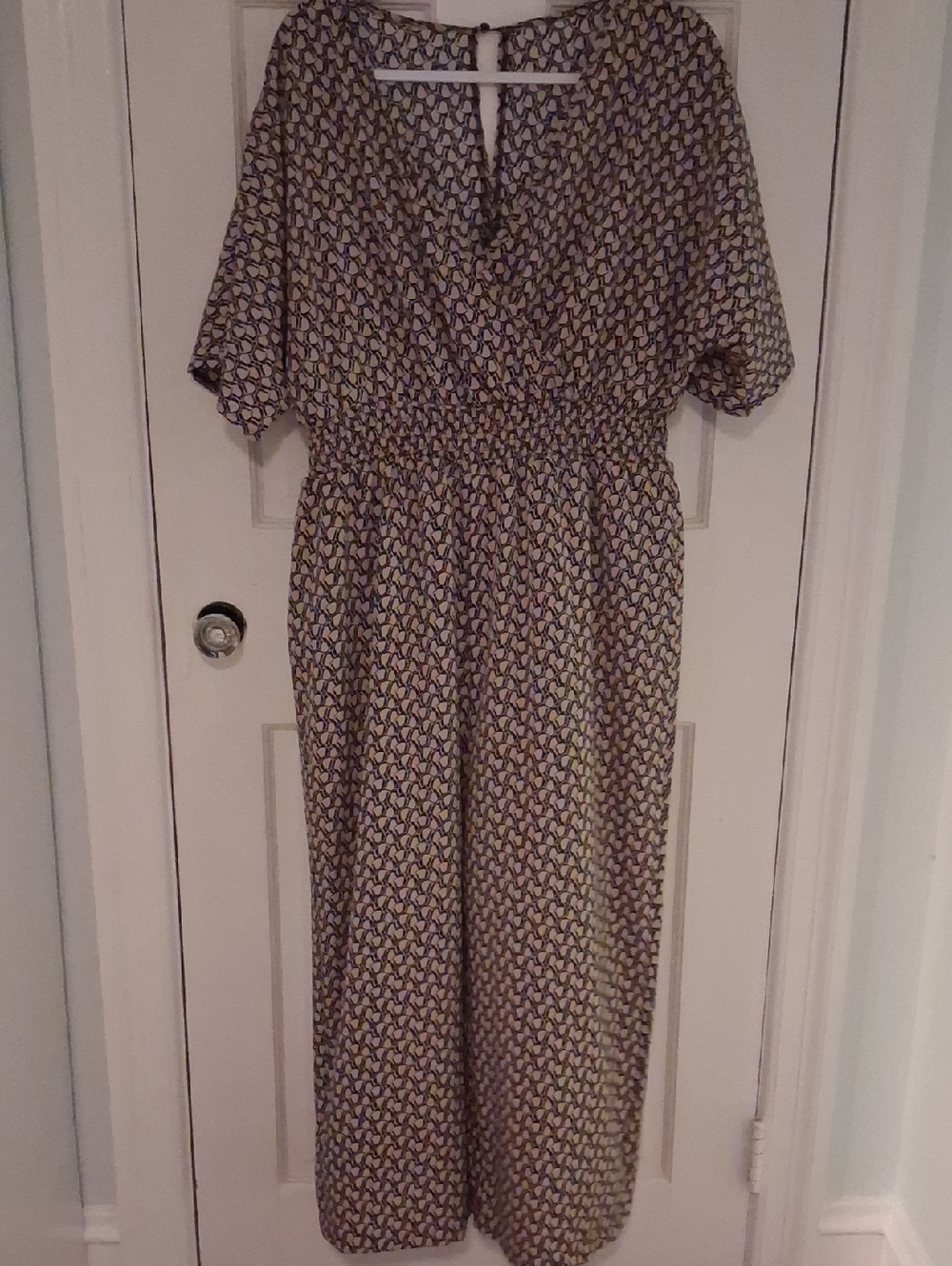 Patterned Short Sleeve Jumpsuit in Beige and Black